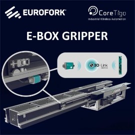 La soluzione per la movimentazione bilaterale nei magazzini automatici E-BOX GRIPPER di Eurofork sfrutta la tecnologia wireless IO-Link di CoreTigo per migliorare adattabilità e prestazioni