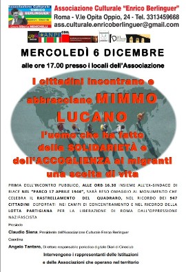 Mimmo Lucano, l'ex sindaco di Riace, il 5 dicembre a Roma nel quartiere Quadraro
