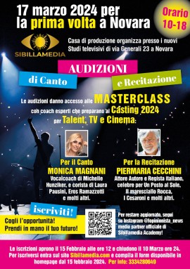 Novara, aperte le Audizioni gratuite alle Masterclass di Canto e Recitazione per prepararsi ai Casting 2024 di talent, tv e cinema