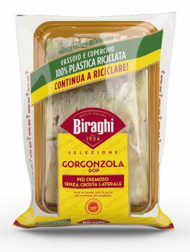 Biraghi punta sull’innovazione green: la nuova confezione del Gorgonzola DOP Selezione 200g utilizza per vassoio e cupola plastica 100% riciclata