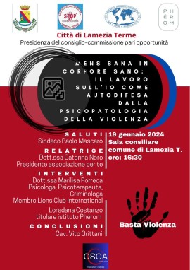 Lamezia Terme, incontro “Mens sana in corpore sano: il lavoro sull’io come autodifesa dalla psicopatologia della violenza” 