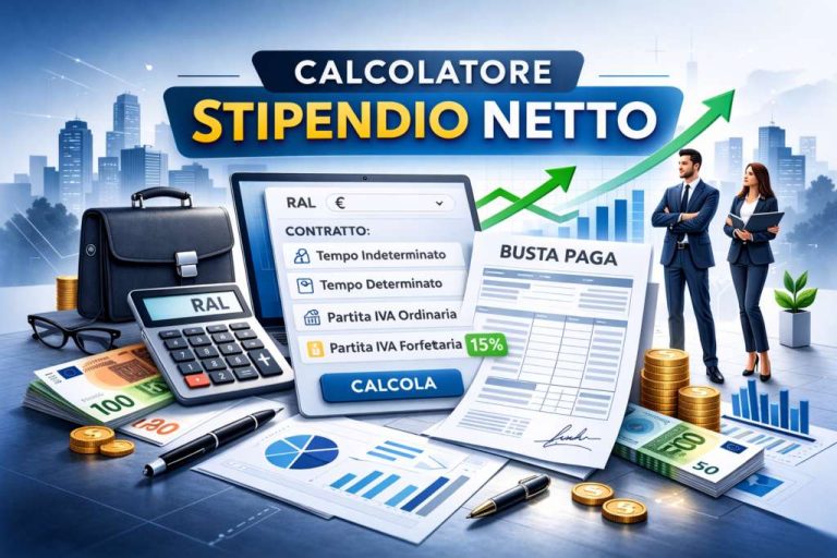 Stipendio netto: calcolo immediato da RAL o compenso annuo. Simulatore aggiornato con opzione contratto dipendente o Partita IVA. Risultato stimato e dettagliato